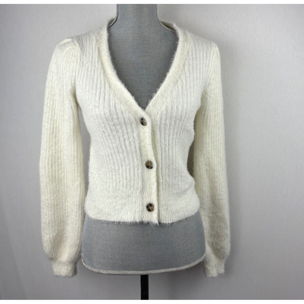 Lulus Cardigan Womens Small White Fuzzy Eyelash Ribbed Puff Sleeve Button Front